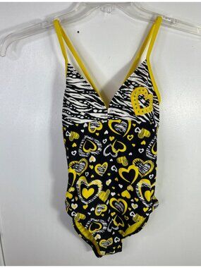 Breaking Waves Girls Yellow & Black Heart Print Swimsuit Size 12